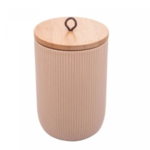 POTICHE DE CERAMICA C/TAMPA EM BAMBU LINES BEGE10X15 - REF. 8672